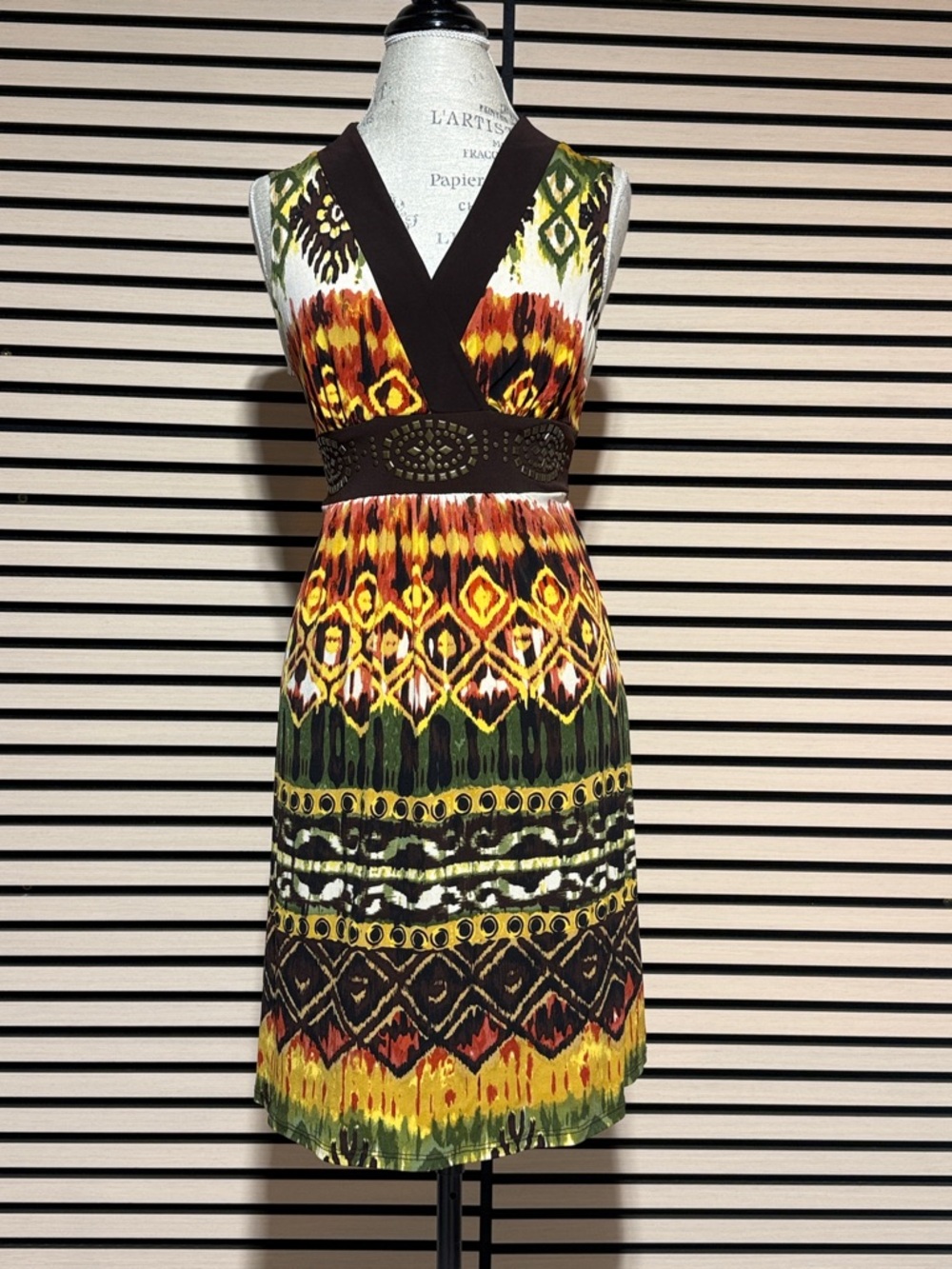 Iz Byer Brown V-Neck Midi Dress with Green, Yellow and Orange Ikat Print